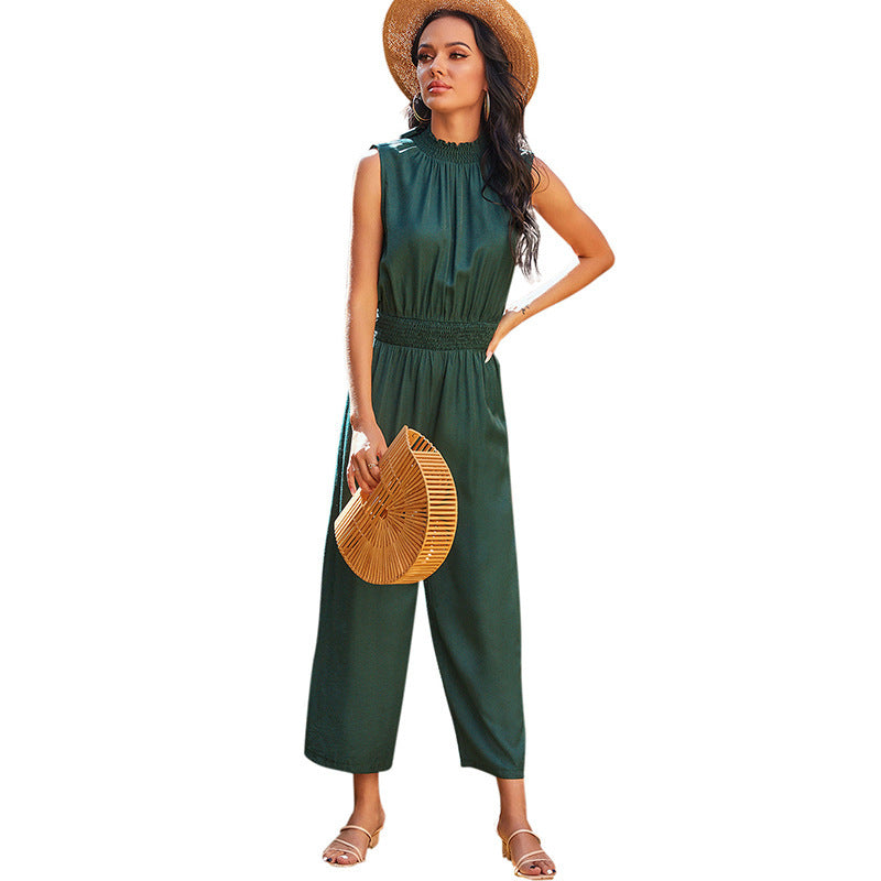 Women'S Casual Vacation Halter Waist Dark Green Sleeveless Jumpsuit Women