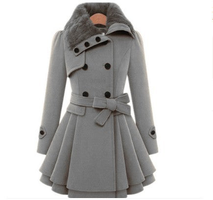 Women's Slim Mid-length Woolen Coat, Double-breasted Padded Coat