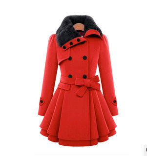 Women's Slim Mid-length Woolen Coat, Double-breasted Padded Coat