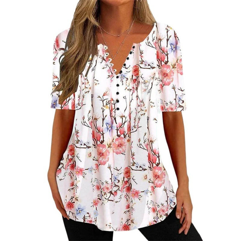 Women's Digital Printed V-neck Button Short-sleeved Top