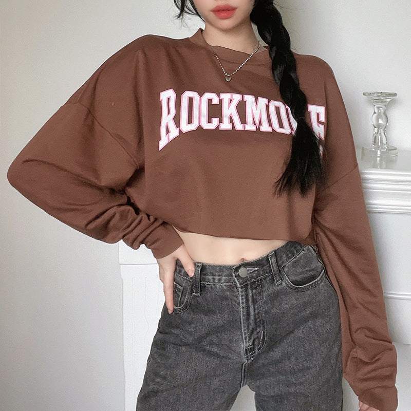 Harajuku Brevtryckt Brun Beskuren Sweatshirt Dam Toppar