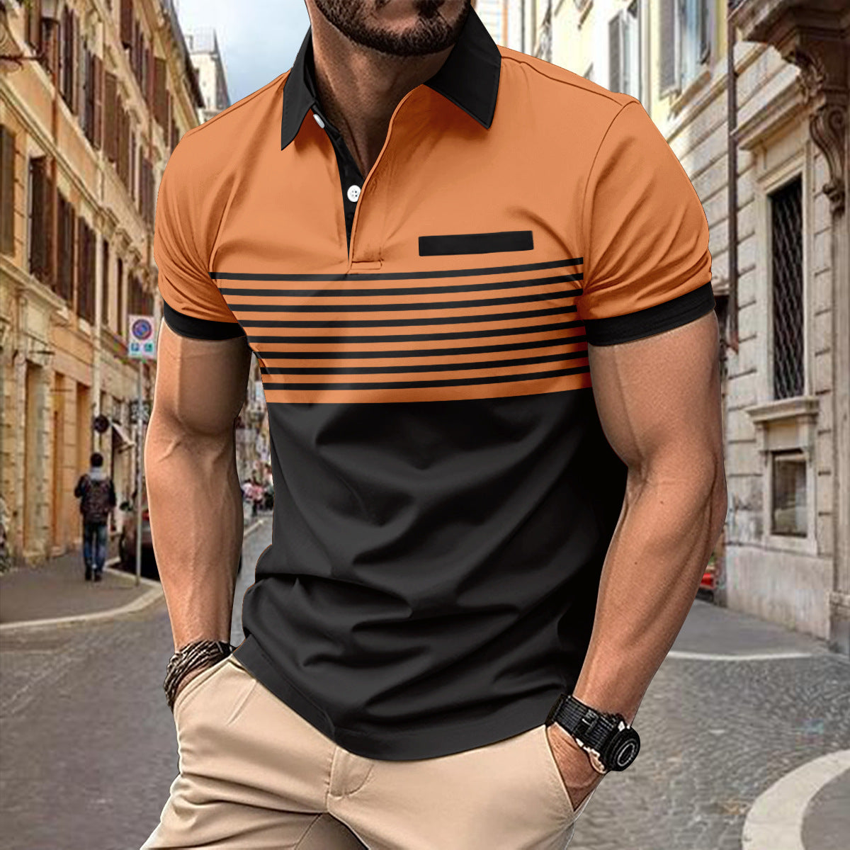 Men's Casual Striped Shirt With Chest Pocket Piké