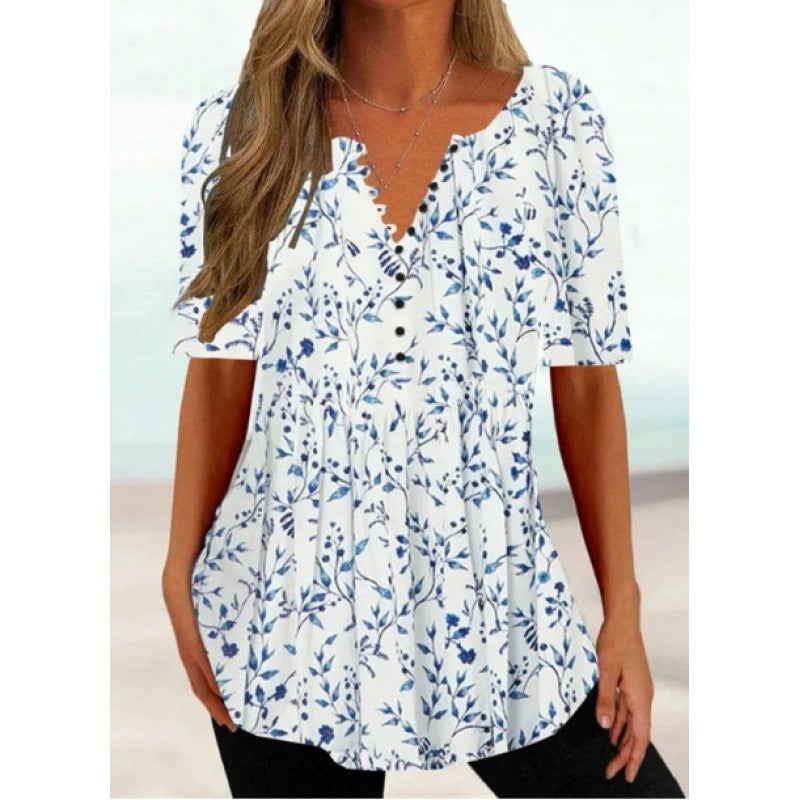 Women's Digital Printed V-neck Button Short-sleeved Top