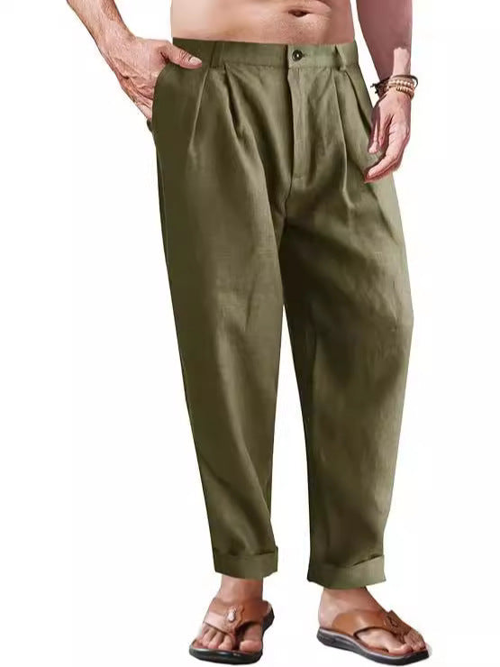 Men's Linen Trousers Double Pleated Front Pocket Straight Pure Color Comfort Breathable Casual