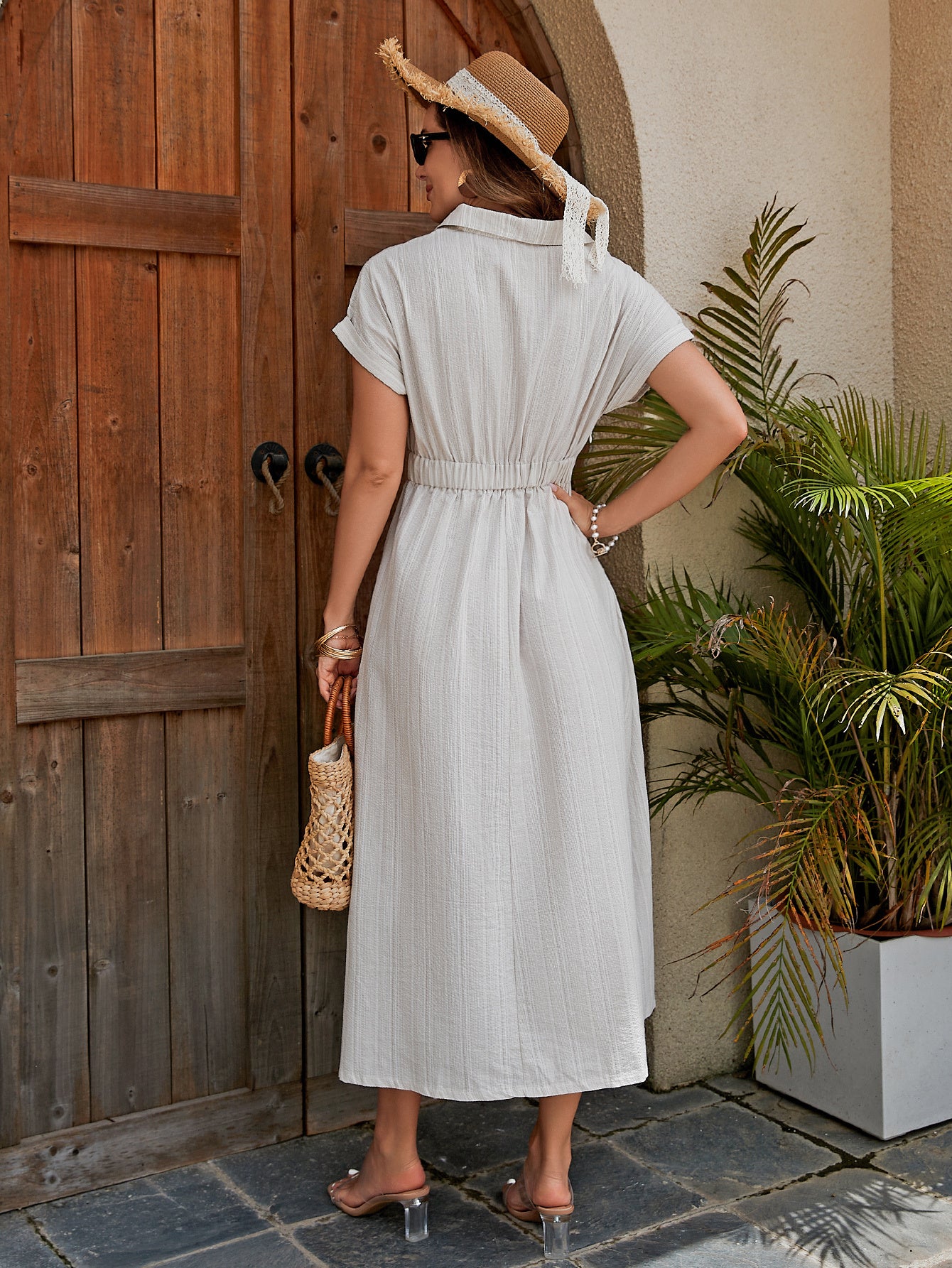 Women's Cotton Shirt Dress - Breathable X-Line Midi Dress With Knotted Waist Detail For A Flattering Fit