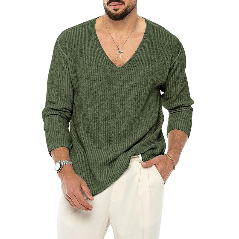 Fashionable V-neck Solid Color Long Sleeve Sweater.