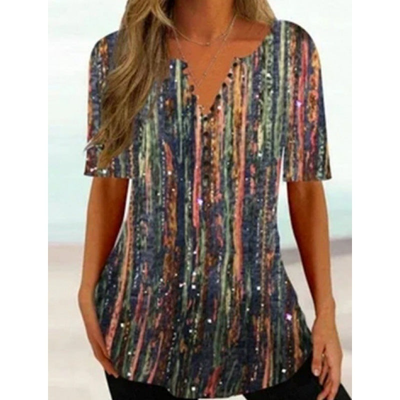 Women's Digital Printed V-neck Button Short-sleeved Top