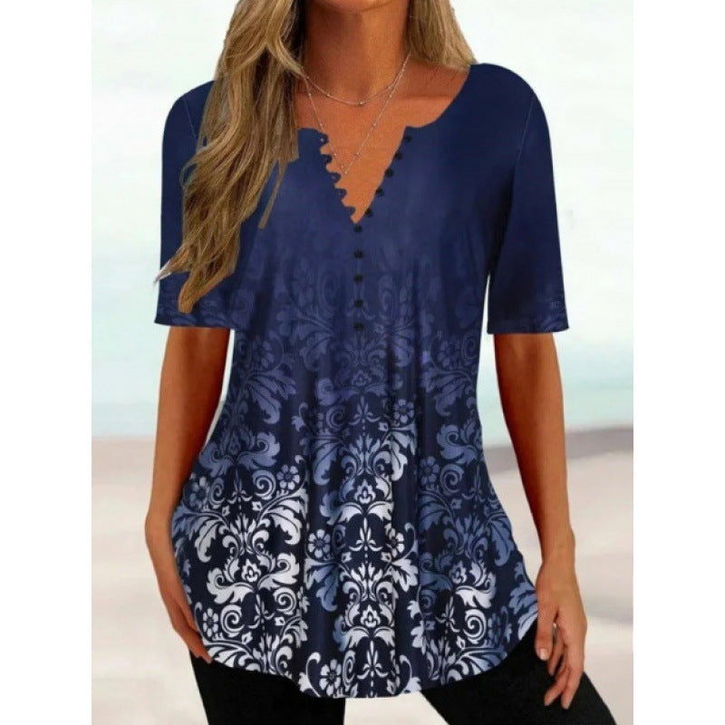 Women's Digital Printed V-neck Button Short-sleeved Top