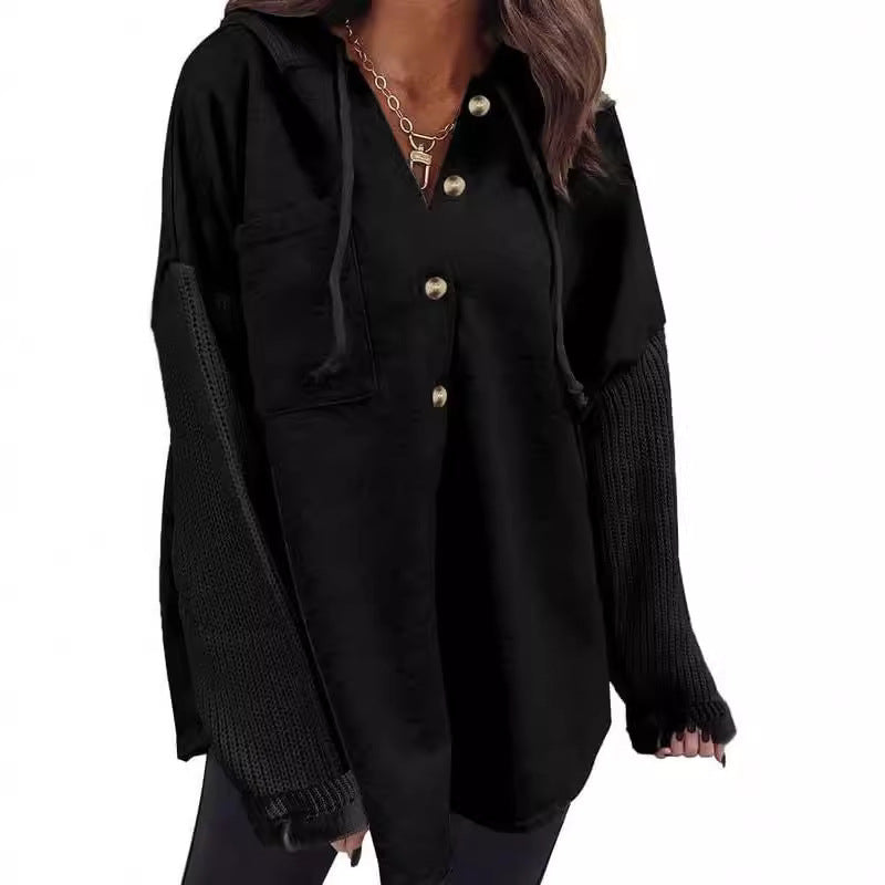 Women's Loose Long Sleeve Button Hooded Sweatshirt