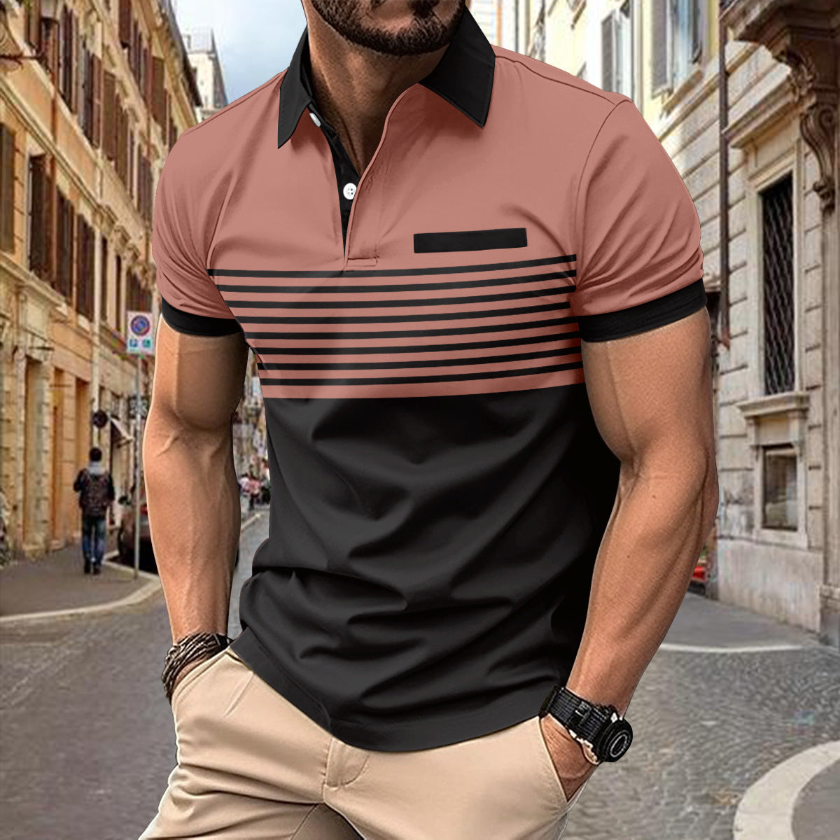 Men's Casual Striped Shirt With Chest Pocket Piké