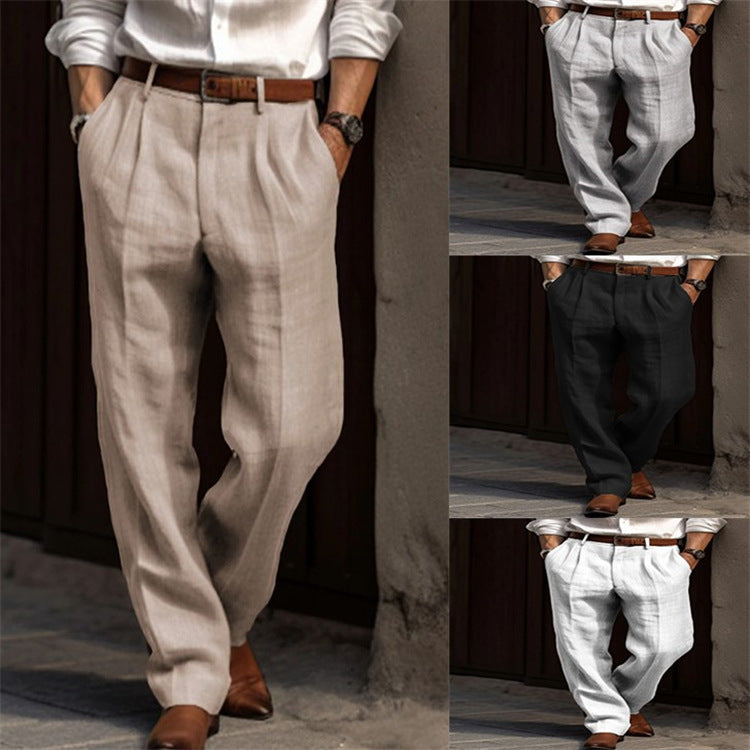 Men's Linen Trousers Double Pleated Front Pocket Straight Pure Color Comfort Breathable Casual