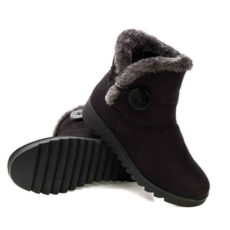 Vinter Kvinnor Stövlar Flock Varm Ankel Snow Boots Plattform Skor Kvinna Slip On Flats Button 