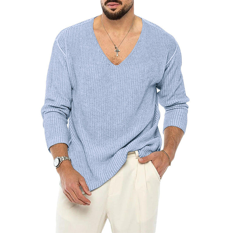 Fashionable V-neck Solid Color Long Sleeve Sweater.