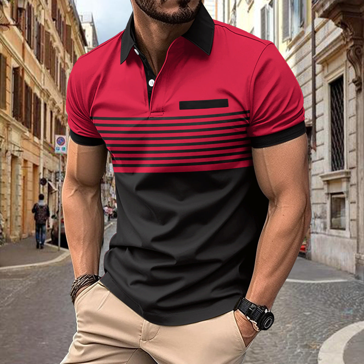 Men's Casual Striped Shirt With Chest Pocket Piké