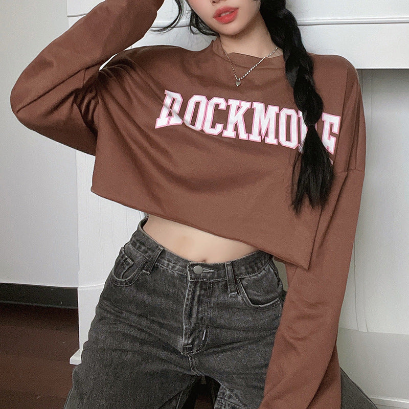 Harajuku Brevtryckt Brun Beskuren Sweatshirt Dam Toppar