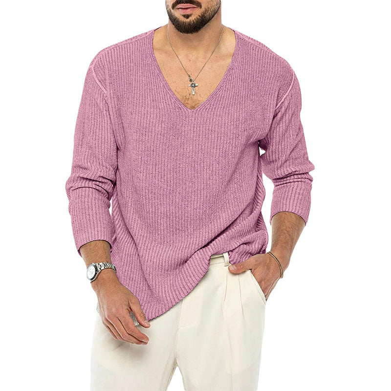 Fashionable V-neck Solid Color Long Sleeve Sweater.