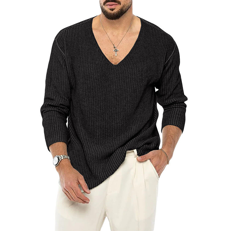 Fashionable V-neck Solid Color Long Sleeve Sweater.