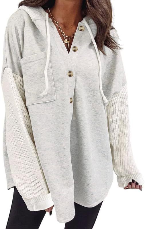 Women's Loose Long Sleeve Button Hooded Sweatshirt