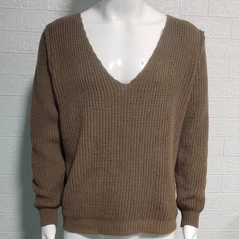 Fashionable V-neck Solid Color Long Sleeve Sweater.