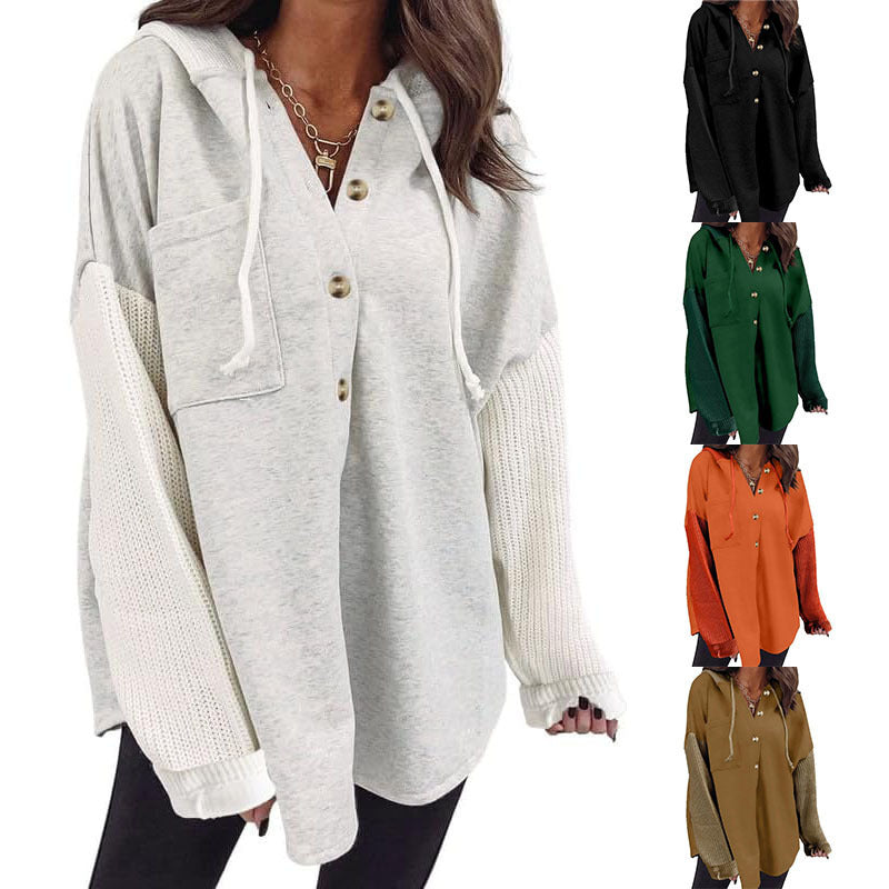 Women's Loose Long Sleeve Button Hooded Sweatshirt