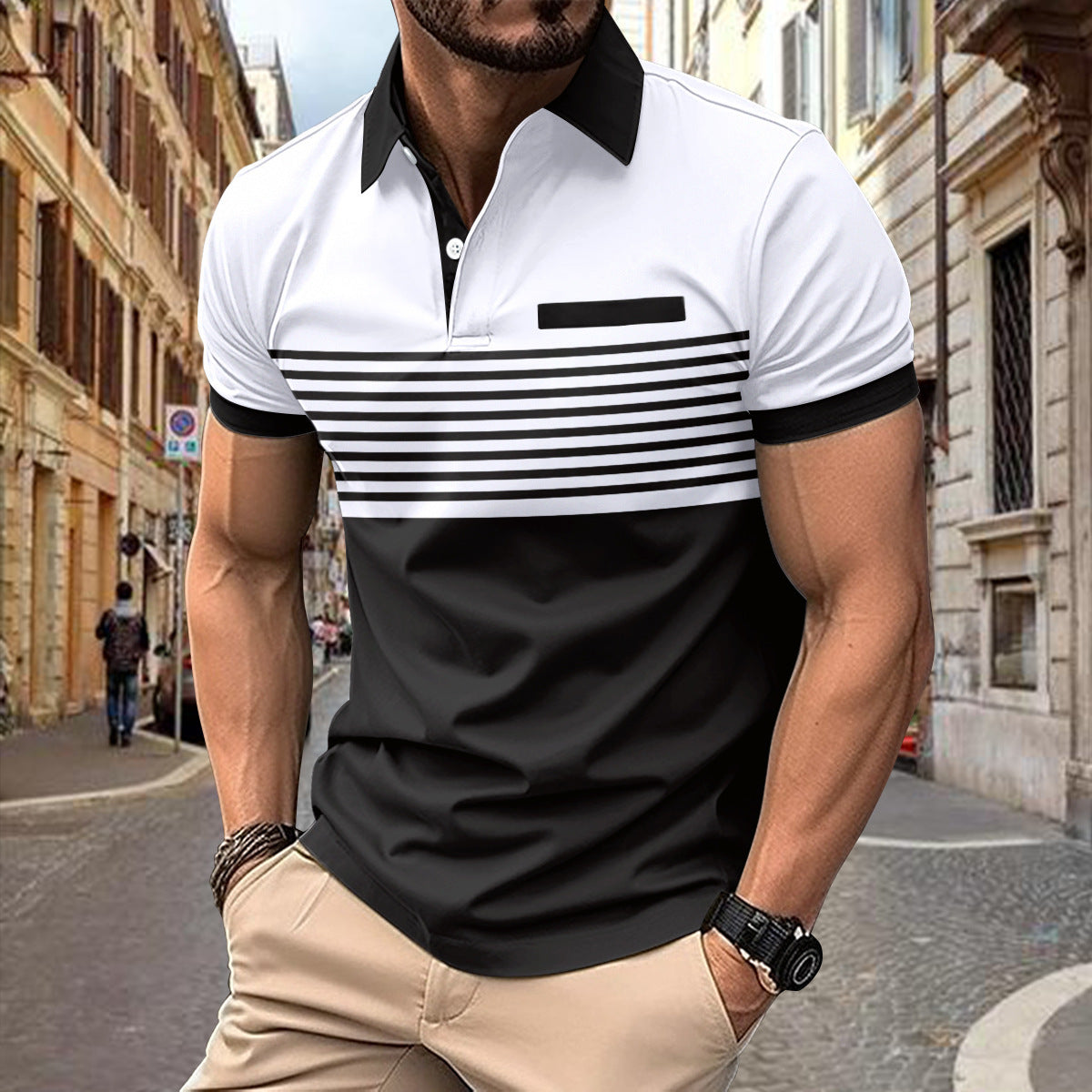 Men's Casual Striped Shirt With Chest Pocket Piké