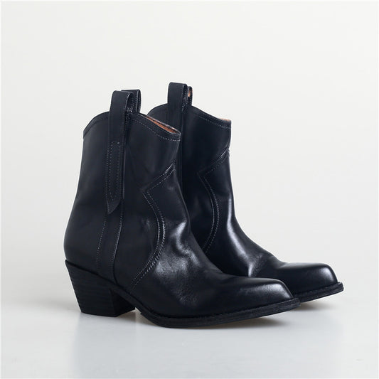 Retro V Cut spetsiga ankelstövlar Kvinnor Ridning Chunky Heel Boots