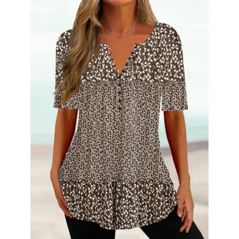 Women's Digital Printed V-neck Button Short-sleeved Top