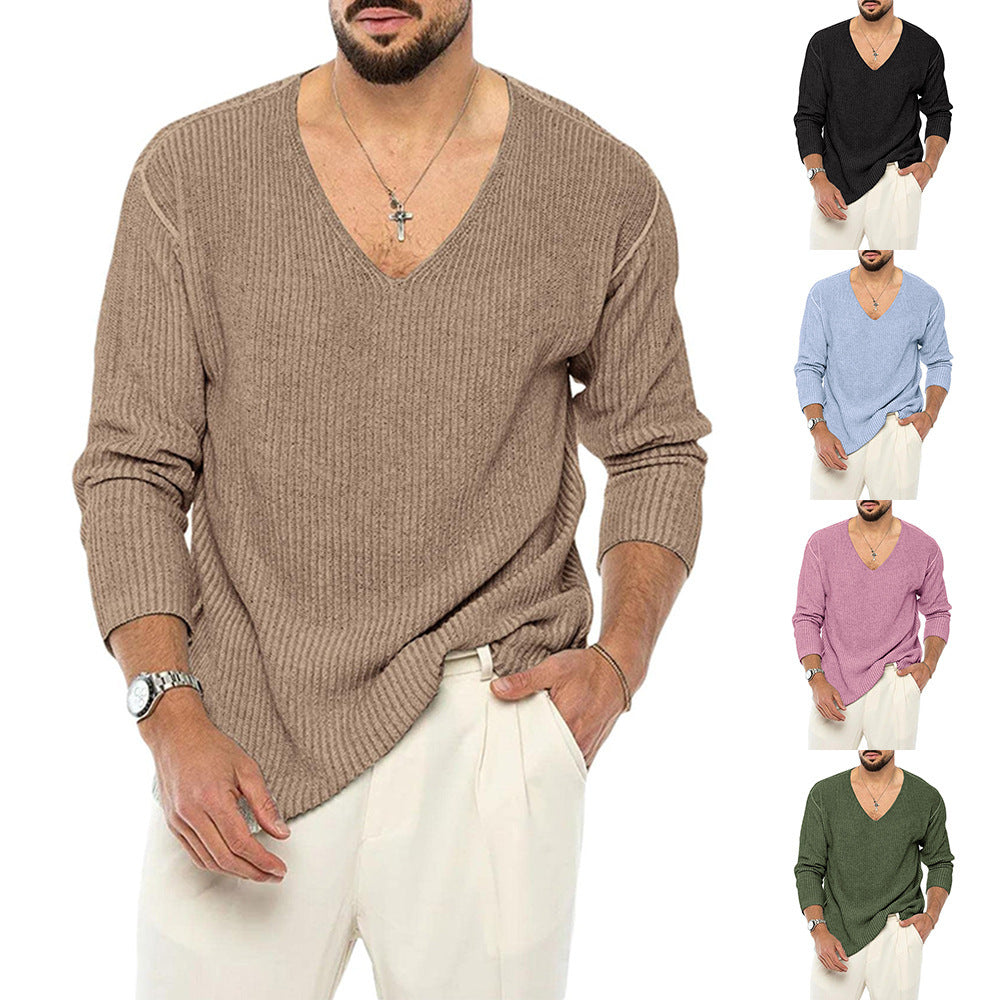 Fashionable V-neck Solid Color Long Sleeve Sweater.