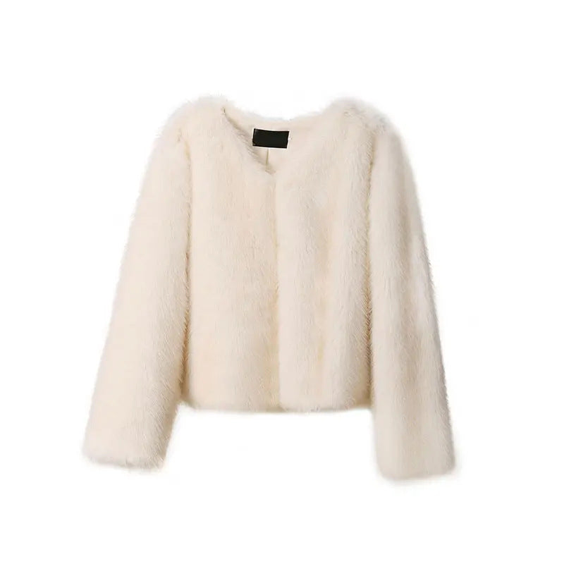 Women's Round Neck Long Sleeve Faux Fur Coat